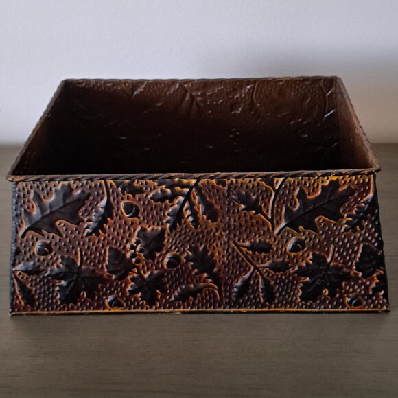 Vintage Distressed Metal Basket Fall Motif Large Ornamental Box with Handles - Picture 9 of 9